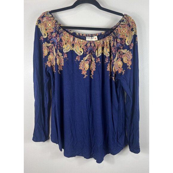 Ruff Hewn Top Boho Style Off-Shoulder Blouse Blue & Paisley Collar Large - Picture 1 of 8